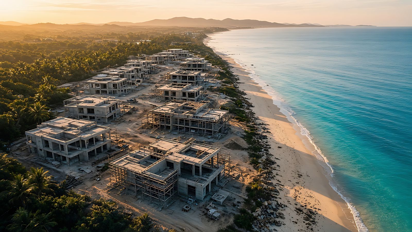 Aerial progress of a beachfront resort build.